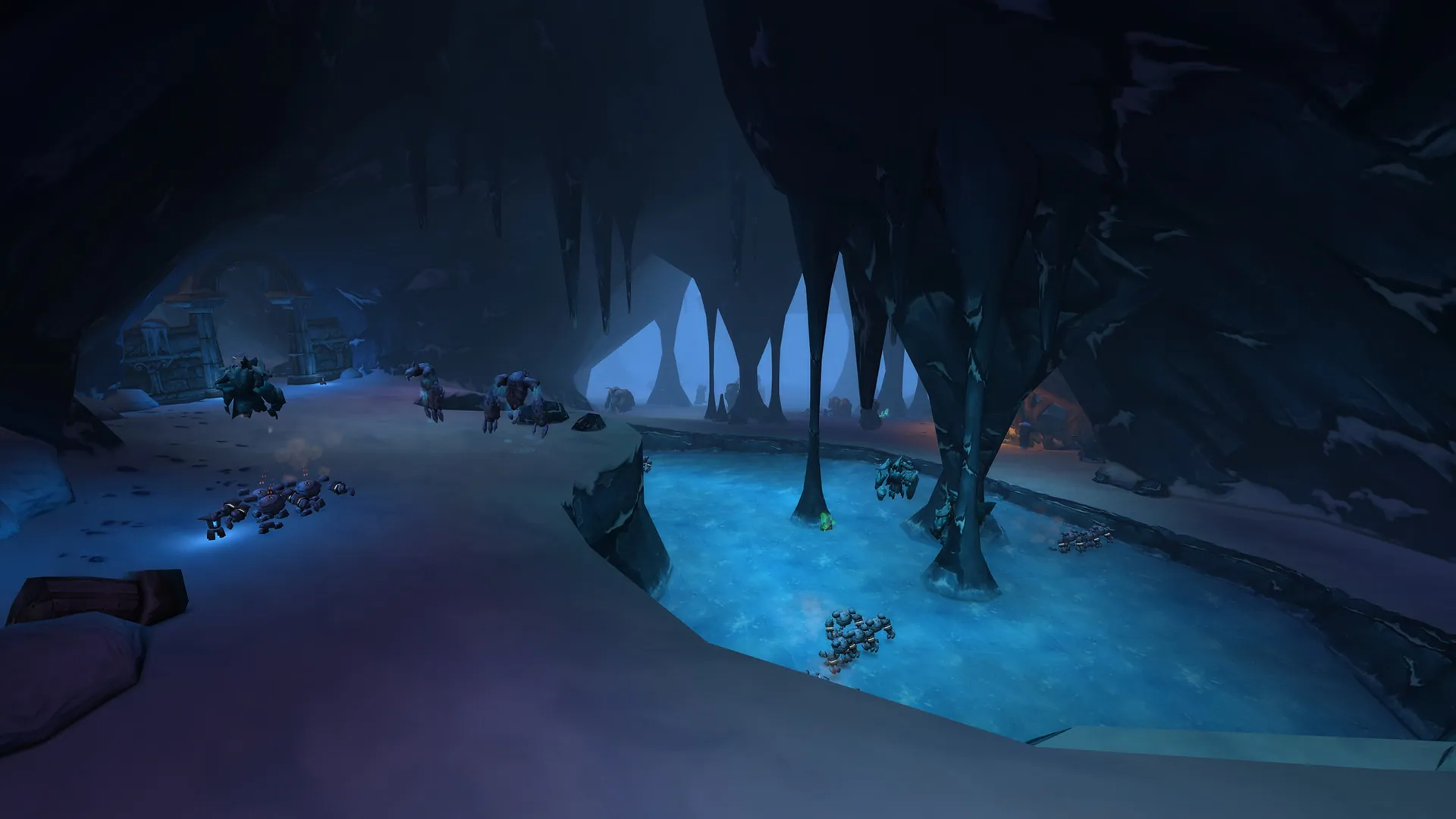 Höhle mit blau leuchtendem Wasser und Stalaktiten – Dungeon aus der BlizzCon-Präsentation
