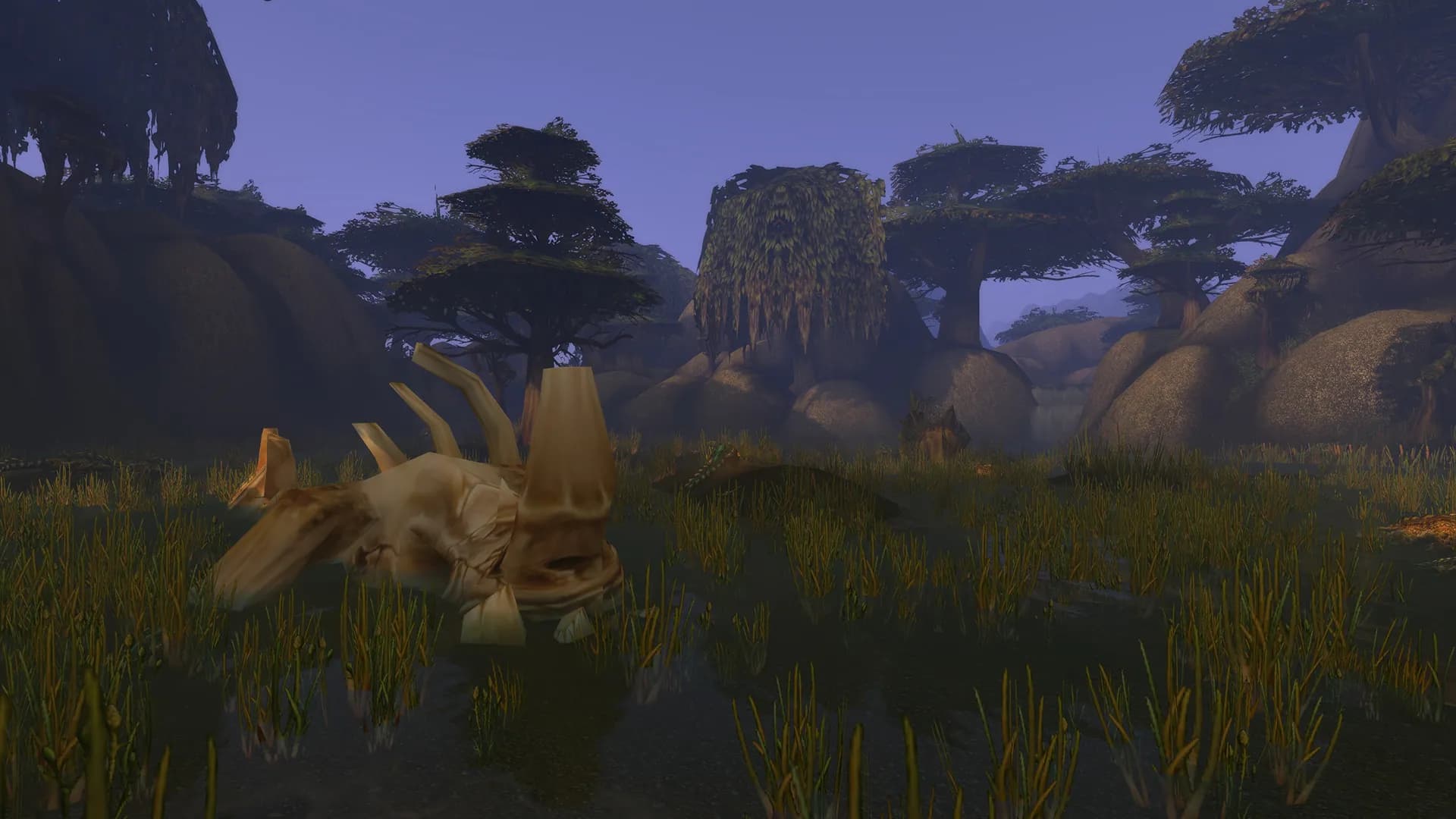 Savanne in der Abenddämmerung mit Kodo-Skelett und Trollhütte – Schauplatz aus der BlizzCon-Präsentation