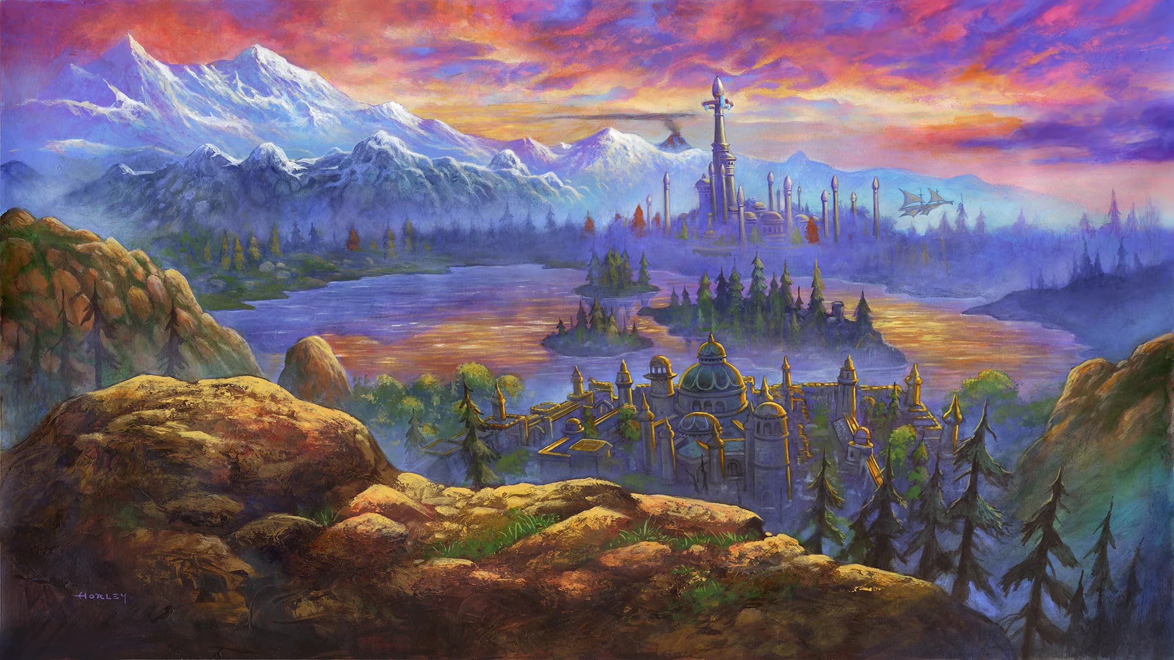 Key-Art zu World of Warcraft: Forever – ein Taure, ein Orc, eine Magierin und ein Gnom blicken bei Sonnenuntergang über den Berg Hyjal mit Nordrassil in der Ferne