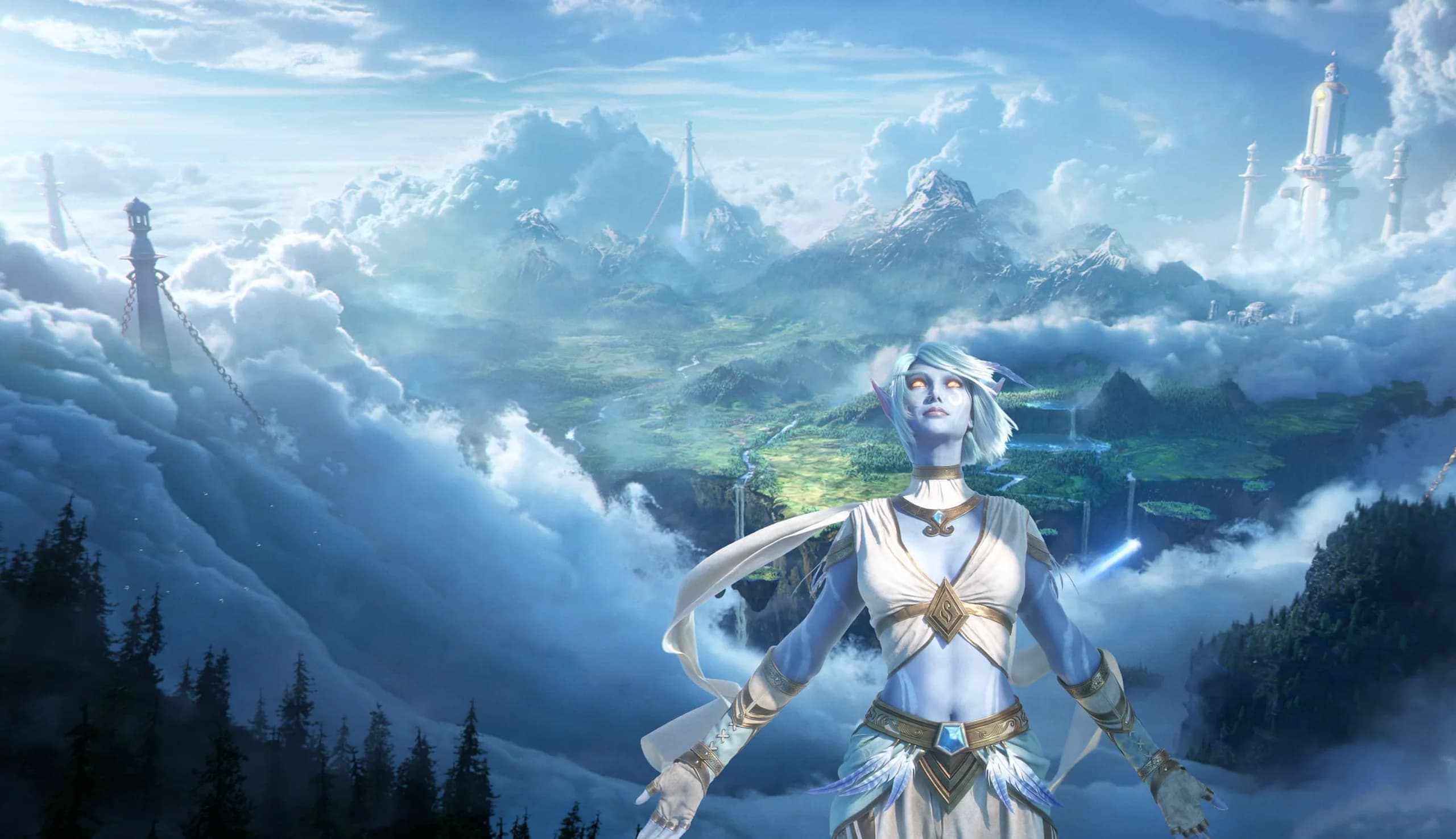 Artwork einer Himmelsgeborenen (Skyborne) in weißem Gewand über den Wolken, dahinter die Türme der Insel Zephras