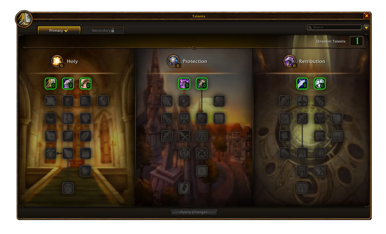 Talentbaum-Oberfläche des Paladins in Forever mit den Bäumen Heilig, Schutz und Vergeltung