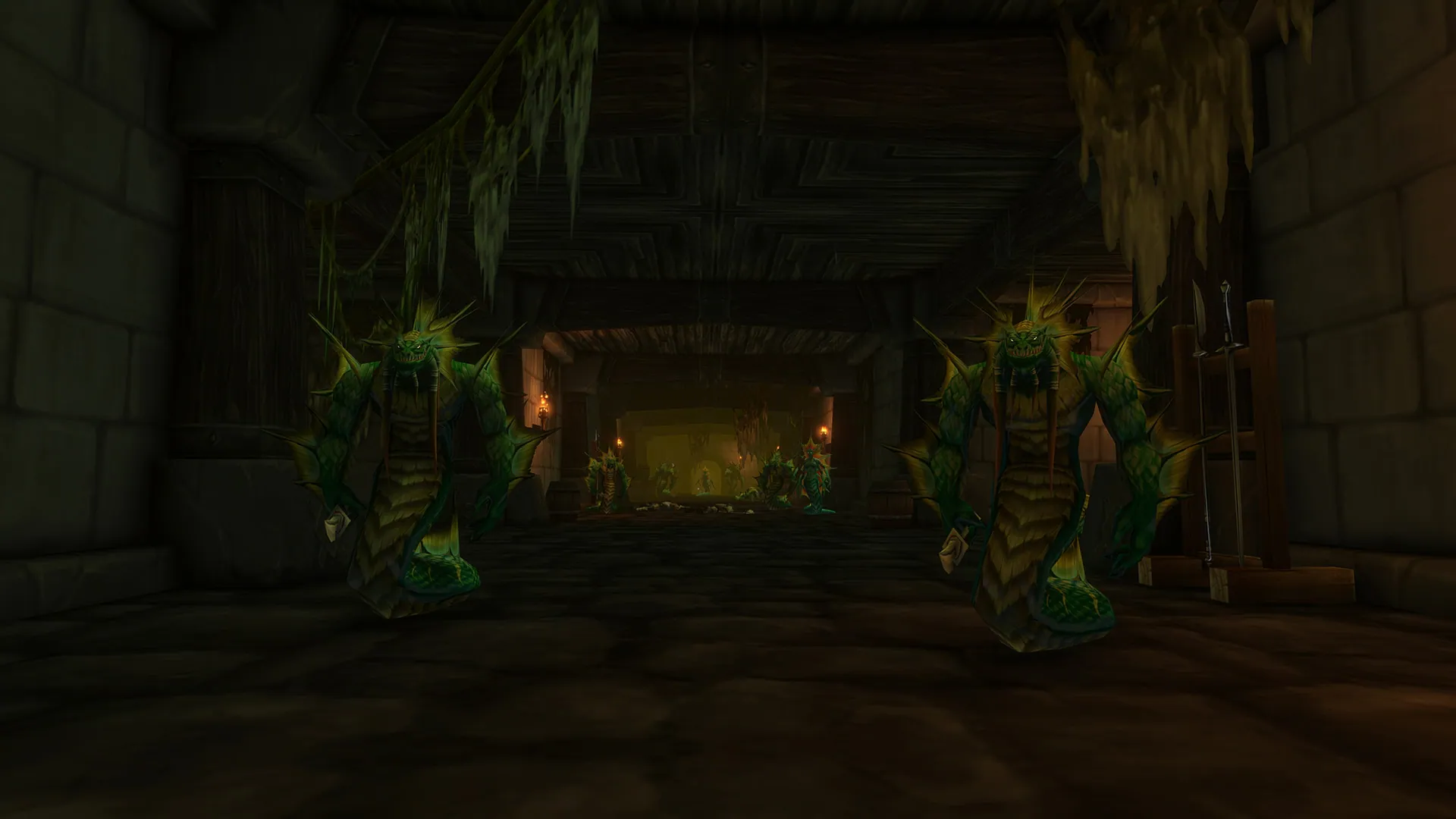 Düstere Halle mit grün beleuchteten Statuen – Dungeon aus der BlizzCon-Präsentation