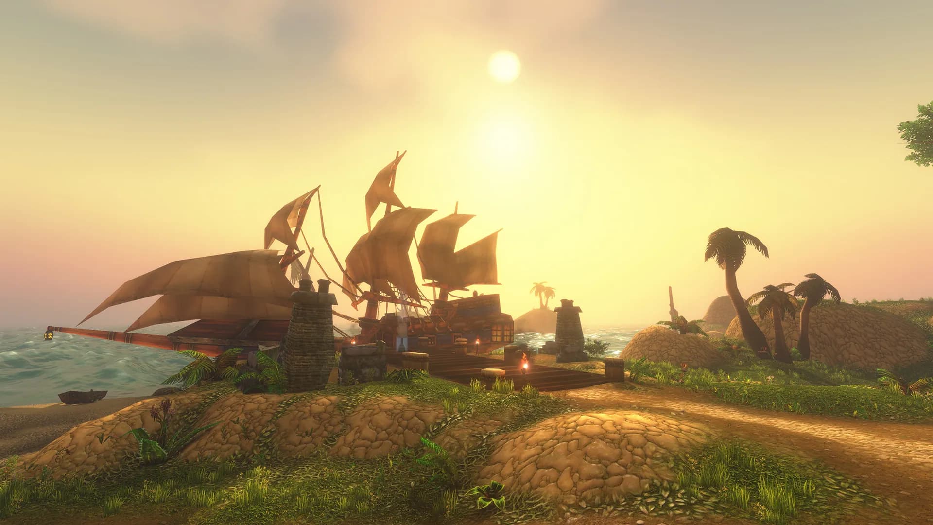 Piratenschiff vor einer Küste im goldenen Abendlicht – Schauplatz aus der BlizzCon-Präsentation