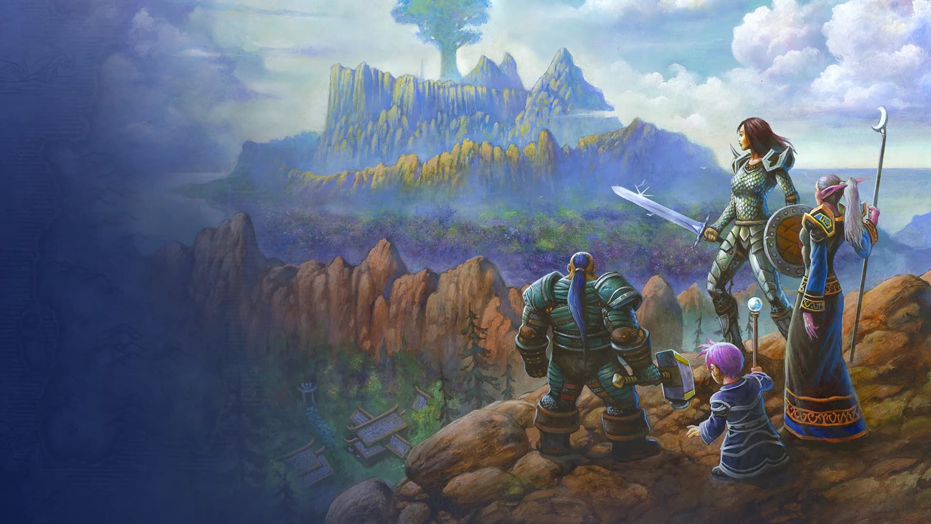 Key-Art zu World of Warcraft: Forever – eine Abenteurergruppe steht auf einer Klippe und blickt ins Tal vor dem Berg Hyjal