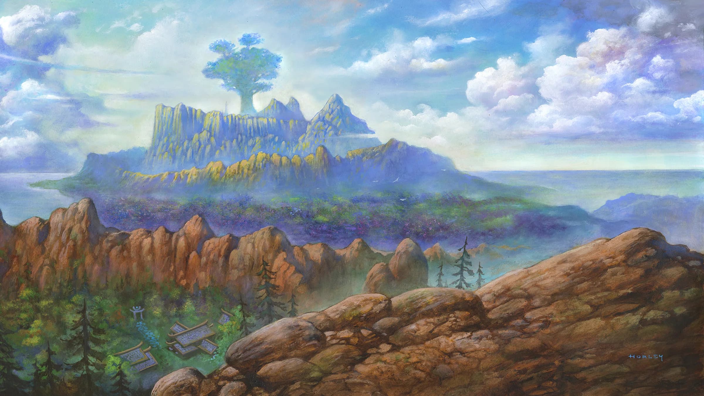 Key-Art-Landschaft zu World of Warcraft: Forever ohne Figuren – Berg Hyjal mit Weltenbaum, Wäldern und Wolken