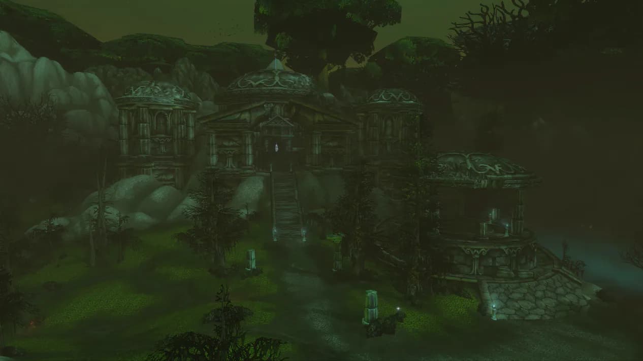 Dunkelgrüne, neblige Ruinenlandschaft – neue Region aus der BlizzCon-Präsentation